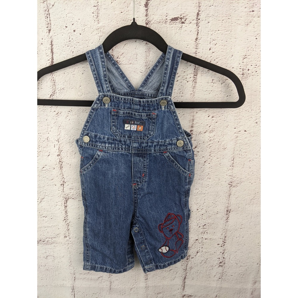 Carters Vintage Denim Overalls 6M Baseball Bear Embroidered Blue‎ Jeans Kids
